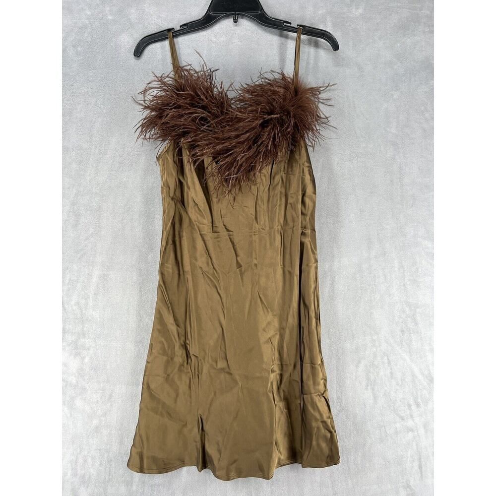 New SLEEPER Boheme feather-trimmed satin mini slip dress Size Medium Brown